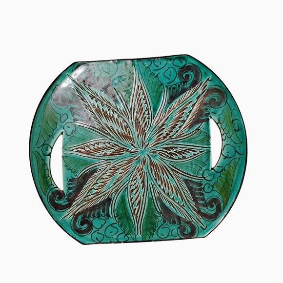 Vintage Moroccan Art Pottery, Green Teal, signed SAFi, Handled Dish, Handcrafted - Picture 3 of 8